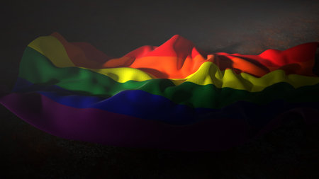 A rainbow flag in the dark. 3d illustration.の写真素材