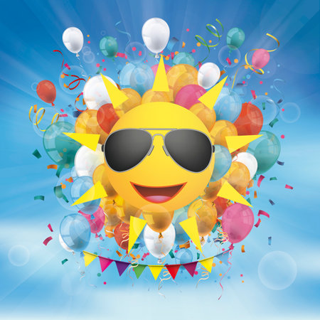 Cool sun with colored balloon in the blue sky.  Eps 10 vector file.のイラスト素材