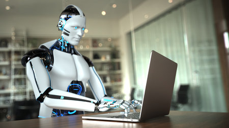 Humanoid robot typing on computer in office. 3d illustration.の写真素材