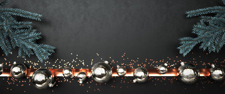 A Christmas banner, with baubles and fir twigs. 3d illustration.の写真素材