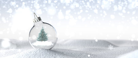 A fir in the Christmas tree globe in the snow. 3d illustration.の写真素材