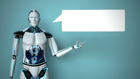 A robot with a white speech bubble. 3d illustration.の写真素材