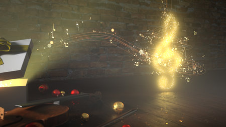 Christmas carols concept, with a violin, gift and sheet music on the wooden floor. 3d illustration.の写真素材