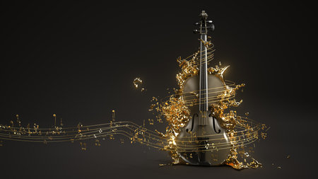 A violin with flying golden sheet music. 3d illustration.の写真素材