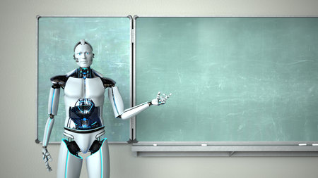 Humanoid robot in the classroom with a green chalkboard. 3d illustration.の写真素材