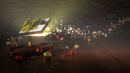 Christmas carols concept, with a violin, gift and sheet music on the wooden floor. 3d illustration.の写真素材