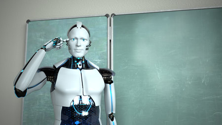 Humanoid robot in the classroom with a green chalkboard. 3d illustration.の写真素材