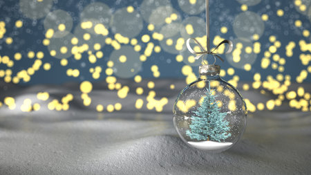 A fir in the Christmas tree globe, in the background bokeh lights. 3d illustration.の写真素材