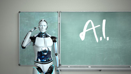 Humanoid robot in the classroom with a green chalkboard. 3d illustration.の写真素材