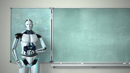Humanoid robot in the classroom with a green chalkboard. 3d illustration.の写真素材