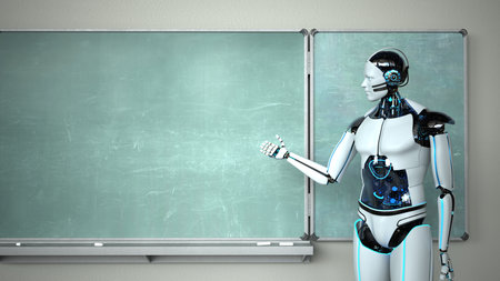 Humanoid robot in the classroom with a green chalkboard. 3d illustration.の写真素材