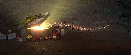 A Christmas banner, with gifts, magic lights and a Christmas tree. 3d illustration.の写真素材