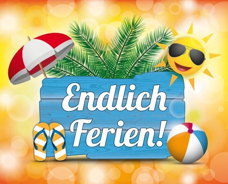 German text Endlich Ferien, Vacation at last. Eps 10 vector file.のイラスト素材