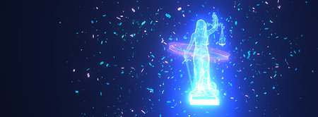 Glowing lady justice statue with paragraphs in the dark. 3d illustration.の写真素材