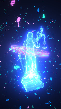Glowing lady justice statue with paragraphs in the dark. 3d illustration.の写真素材