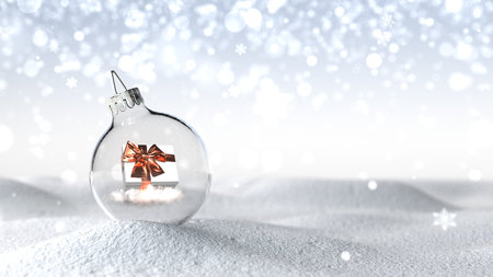 A gift in the Christmas bauble in the snow. 3d illustration.の写真素材