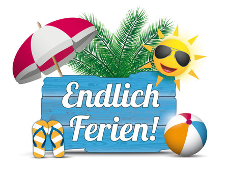 German text Endlich Ferien, Vacation at last. Eps 10 vector file.のイラスト素材
