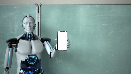 Humanoid robot in the classroom with a smartphone and green chalkboard. 3d illustration.の写真素材