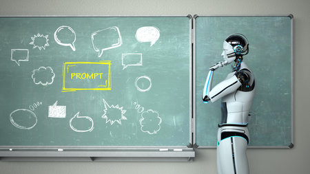 Humanoid robot as a teacher with the chalk board at the text prompt. 3d illustration.の写真素材