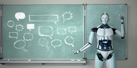 Humanoid robot in the classroom with a green chalkboard with speech bubbles. 3d illustration.の写真素材