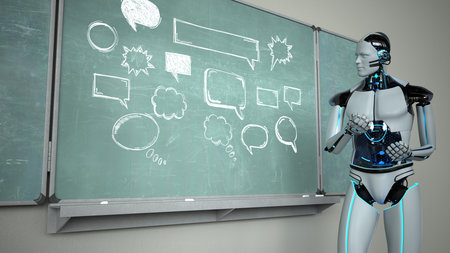 Humanoid robot in the classroom with a green chalkboard with speech bubbles. 3d illustration.の写真素材
