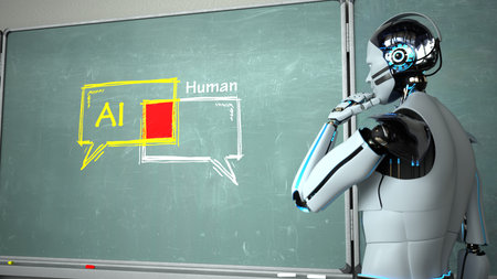 Humanoid robot as AI teacher with the chalk board in a classroom. 3d illustration.の写真素材