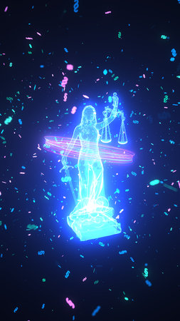 Glowing lady justice statue with paragraphs in the dark. 3d illustration.の写真素材