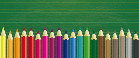 Green schoolboard with colored pencils. Eps 10 vector file.のイラスト素材