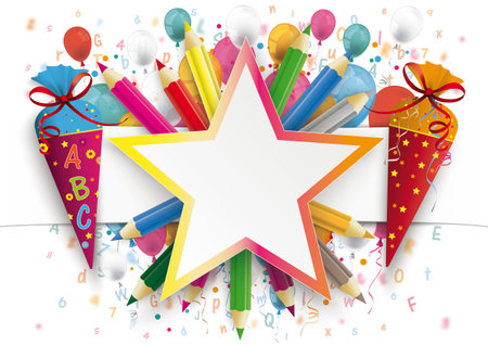 Back to school design with pencils, letters, candy cones and balloons. Eps 10 vector file.のイラスト素材