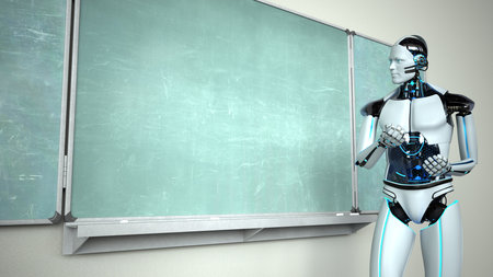 Humanoid robot in the classroom with a green chalkboard. 3d illustration.の写真素材