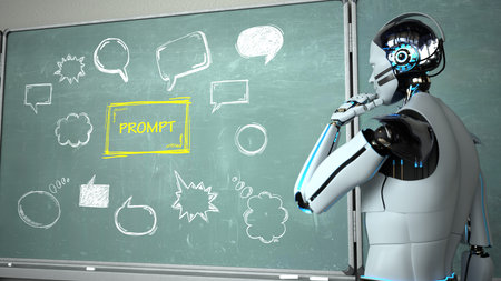Humanoid robot as a teacher with the chalk board at the text prompt. 3d illustration.の写真素材