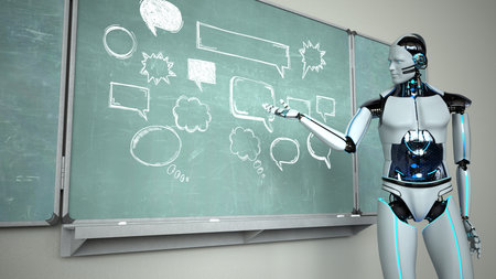 Humanoid robot in the classroom with a green chalkboard with speech bubbles. 3d illustration.の写真素材