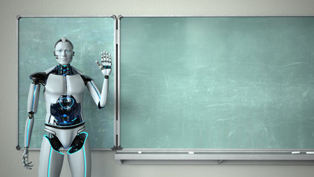 Humanoid robot in the classroom with a green chalkboard. 3d illustration.の写真素材