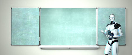 Humanoid robot in the classroom with a green chalkboard. 3d illustration.の写真素材