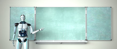 Humanoid robot in the classroom with a green chalkboard. 3d illustration.の写真素材