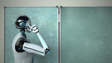 Humanoid robot in the classroom with a green chalkboard. 3d illustration.の写真素材