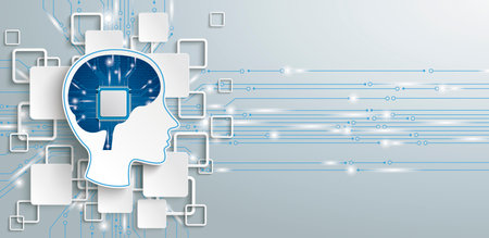 Human head with processor in the brain and rectangles on the gray background. Eps 10 vector file.のイラスト素材
