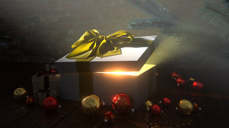 A Christmas banner, with gifts, magic lights and a Christmas tree. 3d illustration.の写真素材