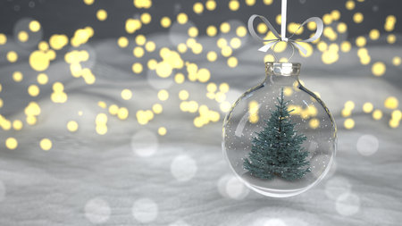 A fir in the Christmas tree globe, in the background bokeh lights. 3d illustration.の写真素材