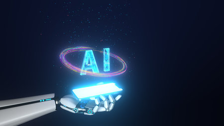 Humanoid robot hand with a smartphone text AI. 3d illustrations.の写真素材
