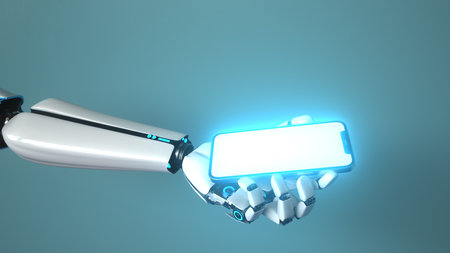 A humanoid robot hand with a smartphone. 3d illustration.の写真素材