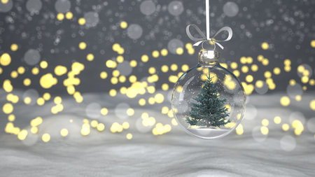 A fir in the Christmas tree globe, in the background bokeh lights. 3d illustration.の写真素材