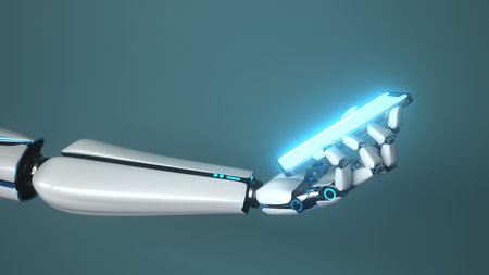 A humanoid robot hand with a smartphone. 3d illustration.の写真素材