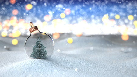 A fir in the Christmas tree globe, in the background bokeh lights. 3d illustration.の写真素材