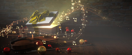 Christmas carols concept, with a violin, gift and sheet music on the wooden floor. 3d illustration.の写真素材