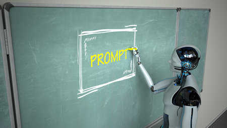 Humanoid robot teacher write the word Prompt on the chalkboard. 3d illustrations.の写真素材