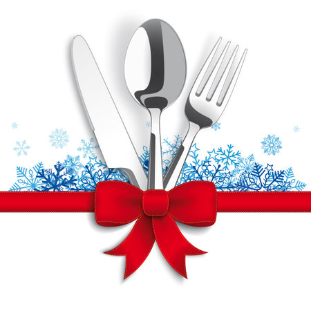 Red ribbon with cutlery and blue snowflakes.のイラスト素材