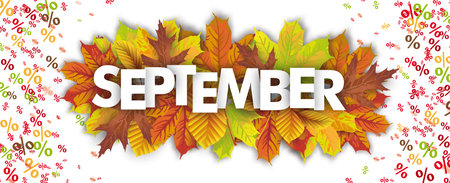 September Sale header with autumn foliage and percents on the white background. Eps 10 vector file.のイラスト素材