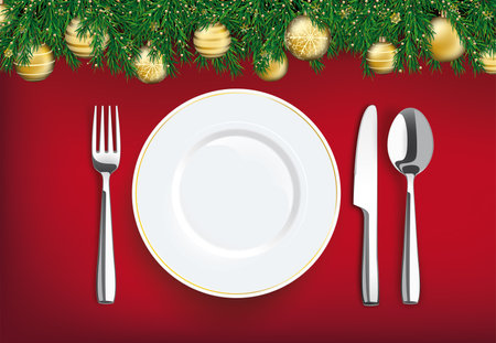 Christmas dinner background with plate, spoon and fork on the red background. Eps 10 vector file.の写真素材