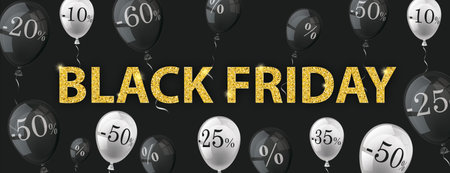 Colored balloons with golden Black Friday text on the dark background.のイラスト素材